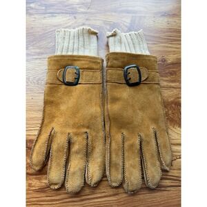 Vintage Crown Craft Tan Suede Leather Gloves Knit Cuff Buckle Strap Men's Large